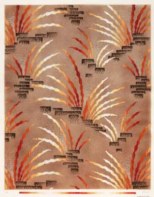 Abstract palm tree-like shapes, in  red, orange, brown, yellow and white, on a brown  ground