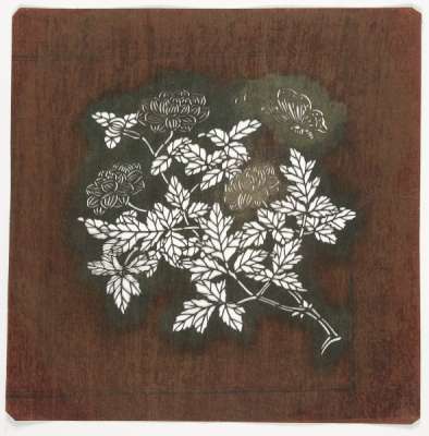 Embroidery Katagami stencil depicting a flowering chrysanthemum stem and a butterfly