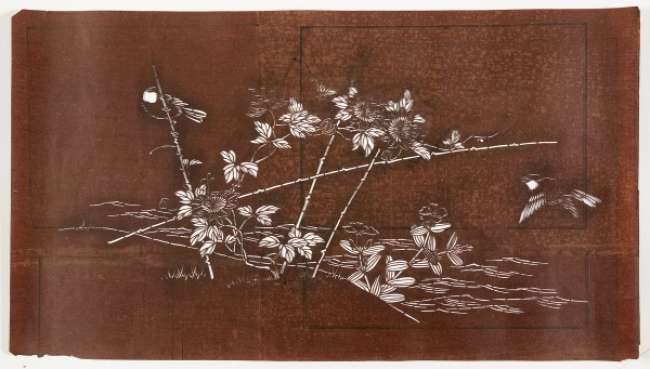 Katagami stencil depicting passion flowers growing on a bamboo frame on the edge of  water.  A plant of carnation family (Dianthus sp.) grows nearby, with birds perched on the pole or flying