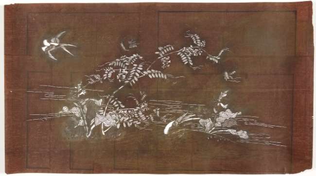 Katagami stencil depicting swallows around a flowering wisteria plant on the water’s edge