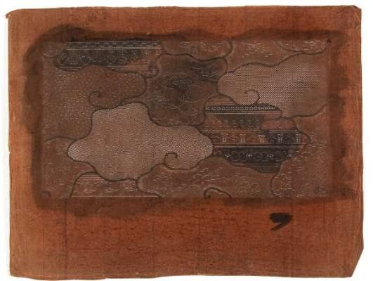 Katagami stencil with varied repeating and flower depictions contained within cells formed  by the outline of clouds.   Depictions include: chrysanthemums, flying birds, maple leaves  and poem cards (shishiki )