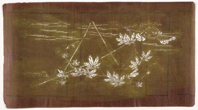 Katagami stencil depicting a grape vine growing up a bamboo frame on the edge of  water.
