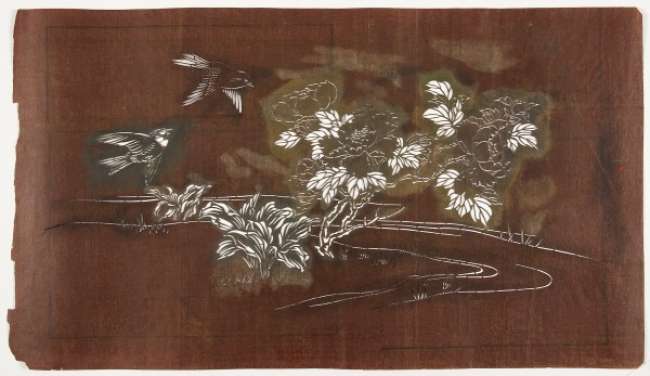 Katagami stencil depicting a peony on the waters edge with birds flying into the branches  and another plant nearby