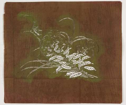Katagami stencil depicting Autumn Grasses including bell flowers with a cricket or praying  mantis on a leaf