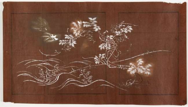 Katagami stencil depicting wisteria with waves flowing onto the shore around it