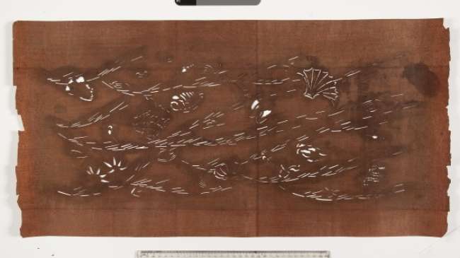 Katagami stencil depicting an underwater scene including shellfish, shrimps, sea worms