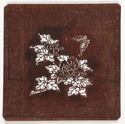 Embroidery Katagami stencil depicting a flowering peony stem and a butterfly