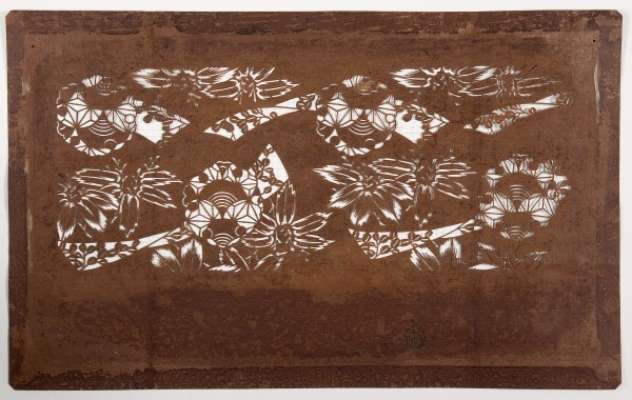 Katagami stencil depicting bamboo alongside twisted strips (possibly banners or poem  cards) and snowflake roundels.