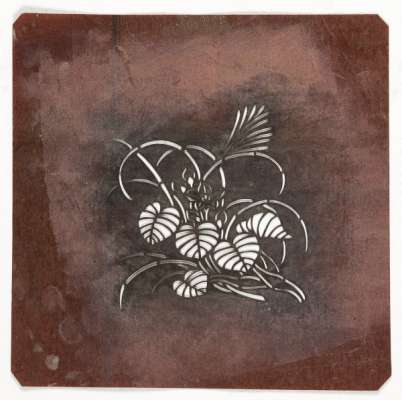Embropidery Katagami stencil depicting bell flower plant and a grass, possibly miscanthus, both are  Autumn Grasses
