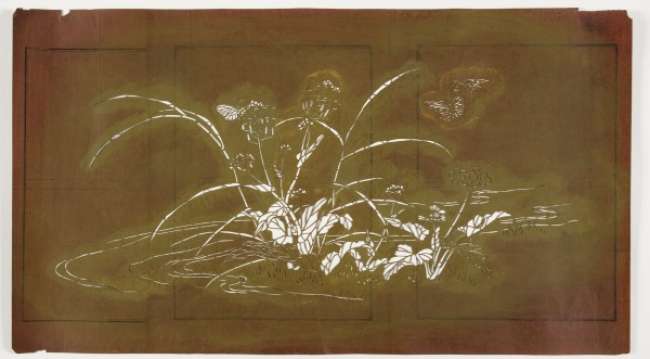 Katagami stencil depicting plants on the shoreline with butterflies and a dragonfly nearby