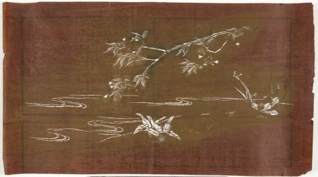Katagami stencil depicting a branch over water and plants on the shore