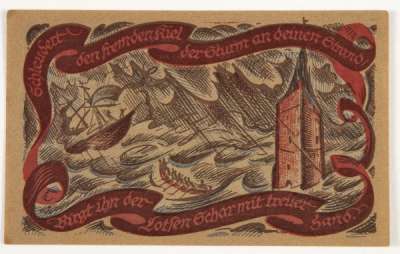 50 Pfennig Oldenburg notgeld with ships and tower in storm