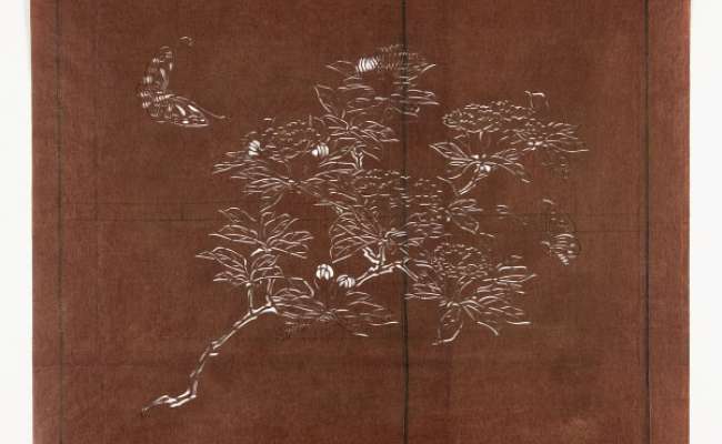 Katagami stencil depicting a flowering Dianthus sp. with butterflies flying around it