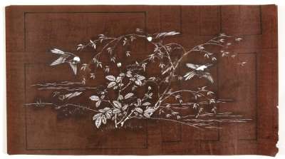Katagami stencil depicting willow and hibiscus at the water’s edge with birds on the ground  and amongst the branches