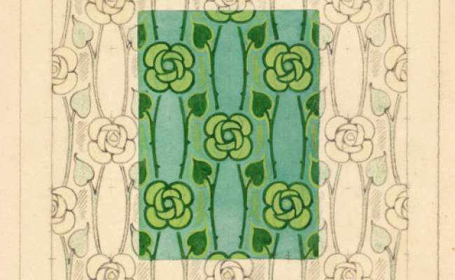 Small stylised roses, leaves and stems forming vertical stripes.