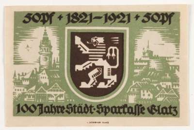 50 Pfennig Glatz notgeld showing city and coat of arms