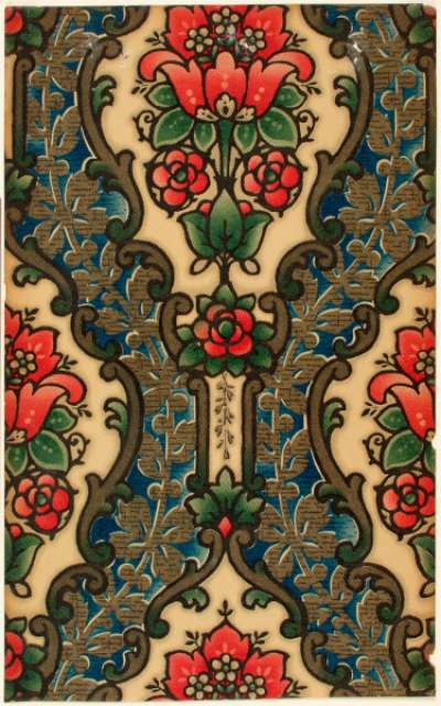 Sanitary wallpaper with a design of red flowers arranged in a trellis