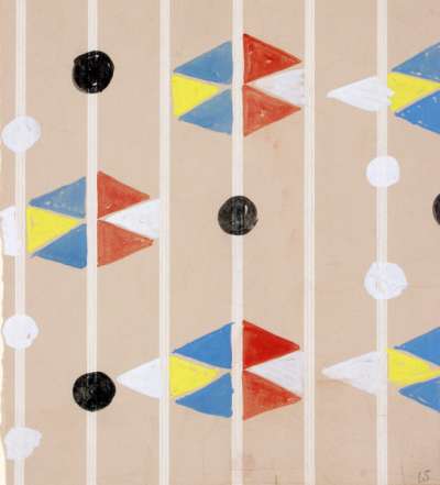 Pattern design with vertical lines and red, yellow, white and blue triangles