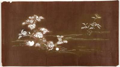 Katagami stencil depicting a fruit trees on the water’s edge with a snail