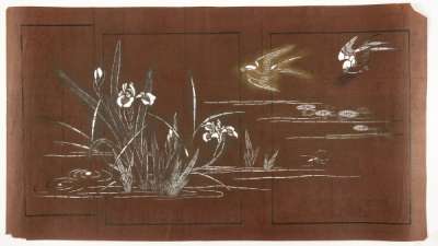 Katagami stencil depicting iris, waterlilies and a water boatman with swallows flying overhead