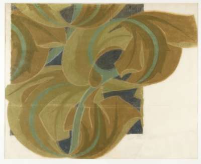 Textile design of stylised scrolling brown and green leaves