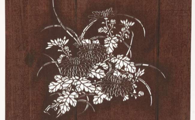 Embroidery Katagami stencil depicting flowering chrysanthemum stems and grass