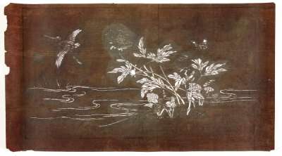 Katagami stencil depicting peonies and another plant on the water’s edge, with a butterfly and a wading bird in flight