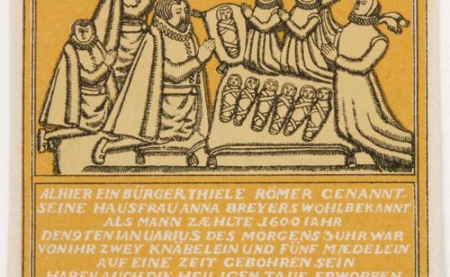 Yellow 75 Pfennig Hameln notgeld showing Septuplets memorial