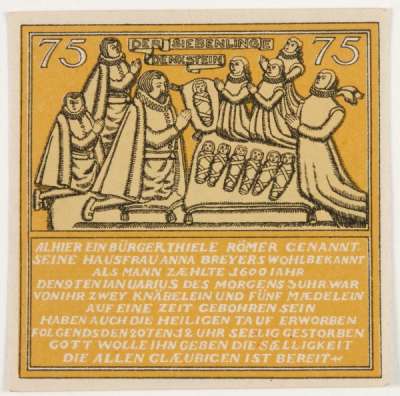Yellow 75 Pfennig Hameln notgeld showing Septuplets memorial