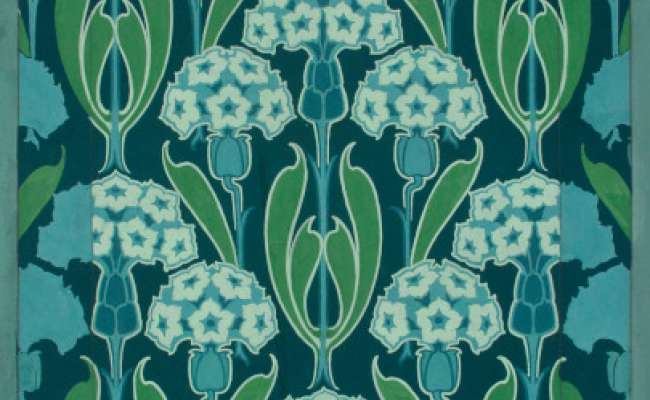 Stylised flowers and leaves arranged in vertical  lines, in blues and greens on a dark grey/blue ground.