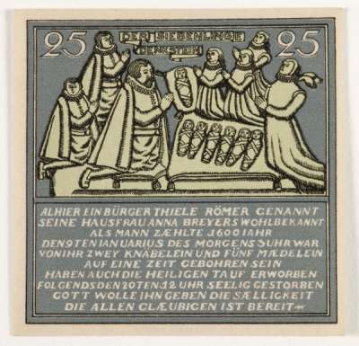 Blue 25 Pfennig Hameln notgeld showing Septuplets memorial