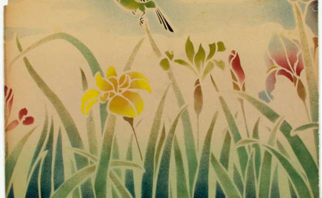 Japanese-inspired design of irises and birds