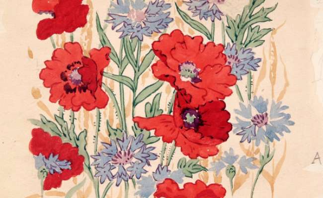 Dress silk design of poppies and cornflowers.
