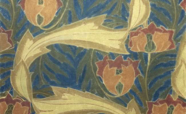 Stylised tulips and acanthus scroll leaves, in yellow, green and terracotta on a mid-blue ground