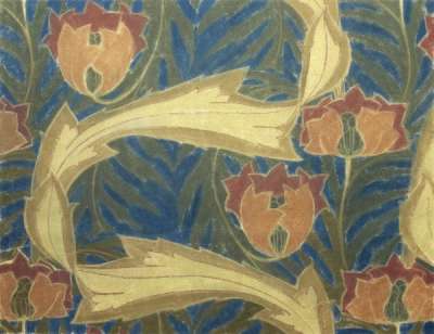 Stylised tulips and acanthus scroll leaves, in yellow, green and terracotta on a mid-blue ground