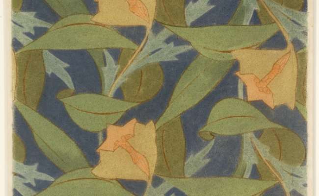 Stylised yellow and orange flowers with plain green and blue leaves on a deep blue ground