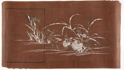 Katagami stencil depicting a wading bird in amongst iris, a type of bullrush (Typha sp.)  and another plant