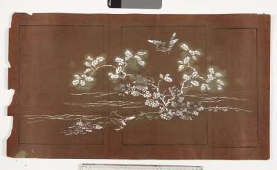 Katagami stencil depicting chrysanthemums and a cherry tree on the water’s edge with  two birds nearby.  Fallen leaves suggest an autumn scene
