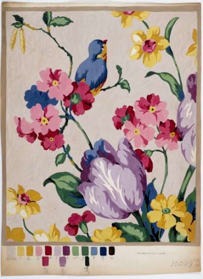 Handkerchief design of tulips and narcissus growing from pink blossom plant, with a bird