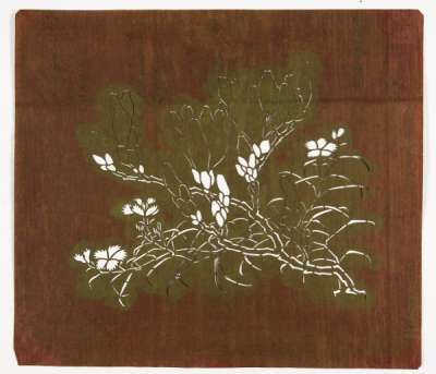 Katagami stencil depicting flowering carnation stems and magnolia branches