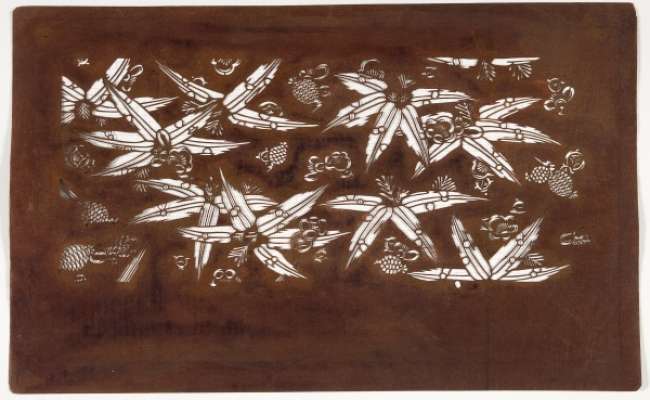 Katagami stencil depicting pine cones, plum blossom and bamboo leaves