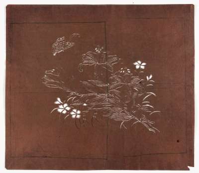 Katagami stencil depicting flowering stems of carnations and lilies (possibly day lilies)  with a butterfly near the flowers