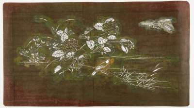 Katagami stencil depicting hydrangea, bamboo or reeds and another flower at the water’s edge with birds underneath and flying in