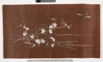 Katagami stencil depicting bindweed growing over a bamboo frame on the water’s edge