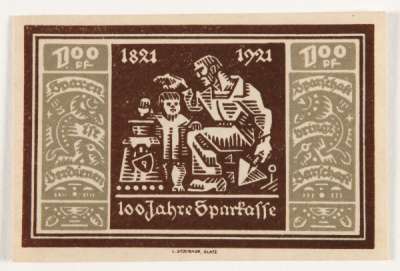 100 Pfennig Glatz notgeld showing child saving money