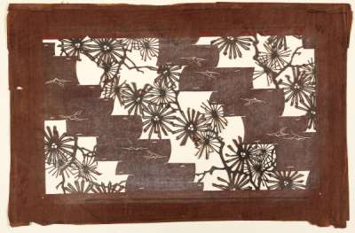 Katagami stencil depicting pine branches with sprays of needles and cranes in flight