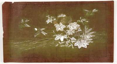 Katagami stencil depicting hibiscus or mallow, a grass and another flowering plant on the  edge of water with birds flying nearby