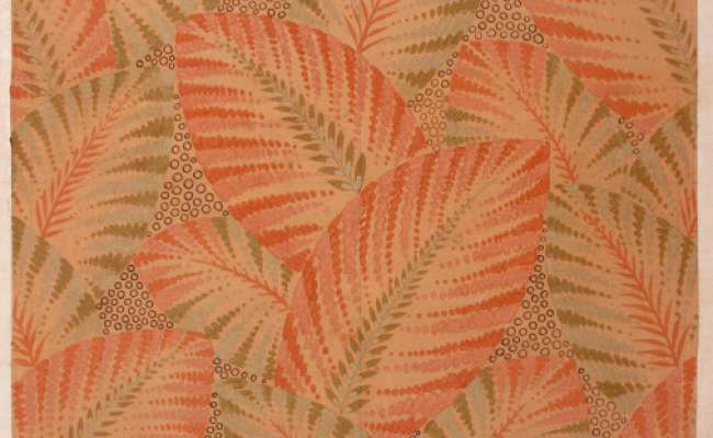 Modernist wallpaper design of large leave in pinks and sage green