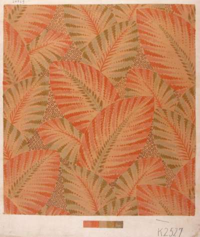 Modernist wallpaper design of large leave in pinks and sage green