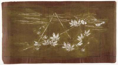 Katagami stencil depicting a grape vine growing up a bamboo frame on the edge of  water.